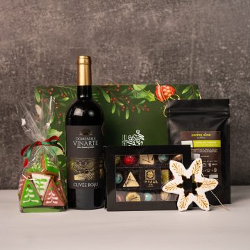 Cadou corporate premium de Crăciun „Crăciun premium” – vin Domeniile Vinarte Cuvée Roșu, praline asortate, cafea boabe și turtă dulce